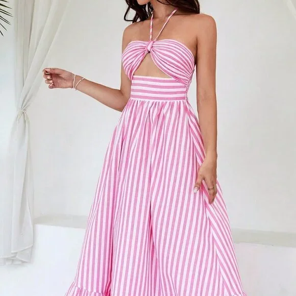 Pink Boho Womens Striped Print Cut Out Ruffle Hem Halter Neck Dress - Picture 4 of 5